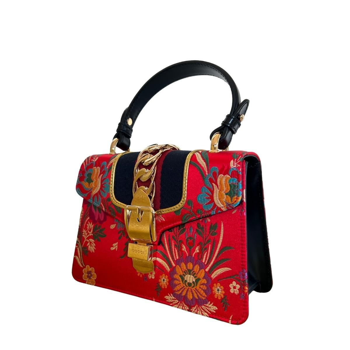 Gucci Jacquard Floral Mini Sylvie Top Handle Bag In New Condition In Brossard, QC