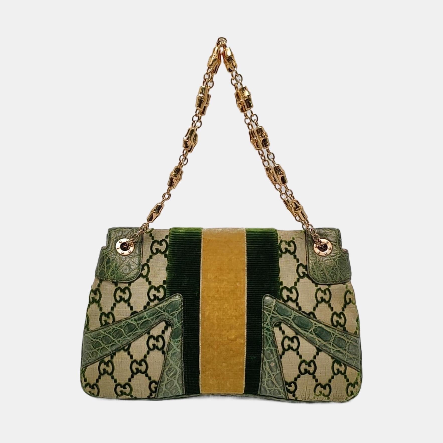 Marrone Gucci Jeweled Dragon Bag Green Crocodile and GG Velvet Bamboo Chain Strap in vendita
