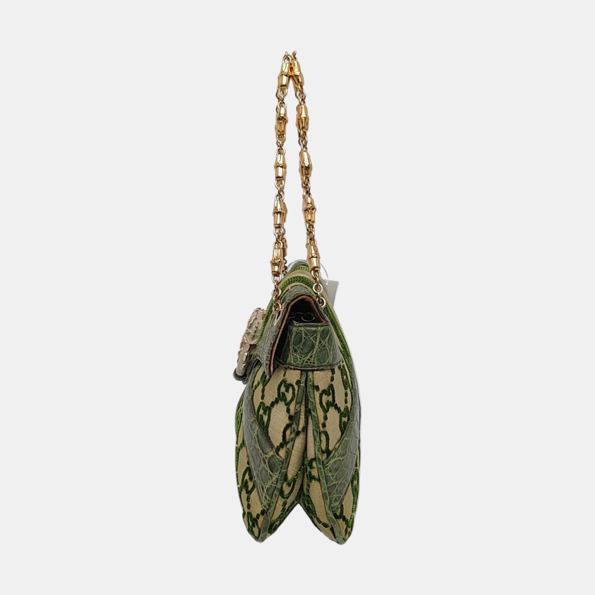 Gucci Jeweled Dragon Bag Green Crocodile and GG Velvet Bamboo Chain Strap In condizioni buone in vendita a AUBERVILLIERS, FR