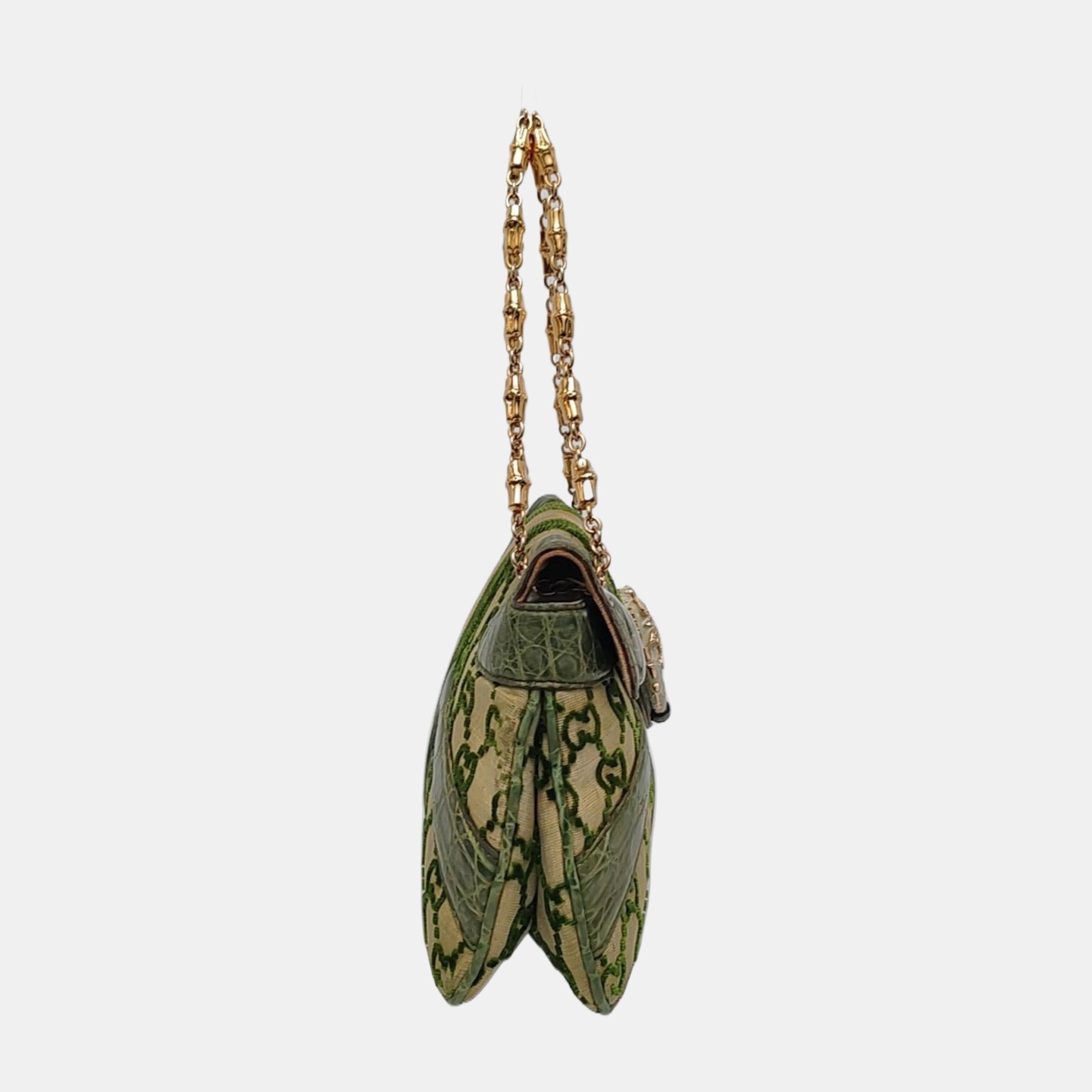 Donna Gucci Jeweled Dragon Bag Green Crocodile and GG Velvet Bamboo Chain Strap in vendita