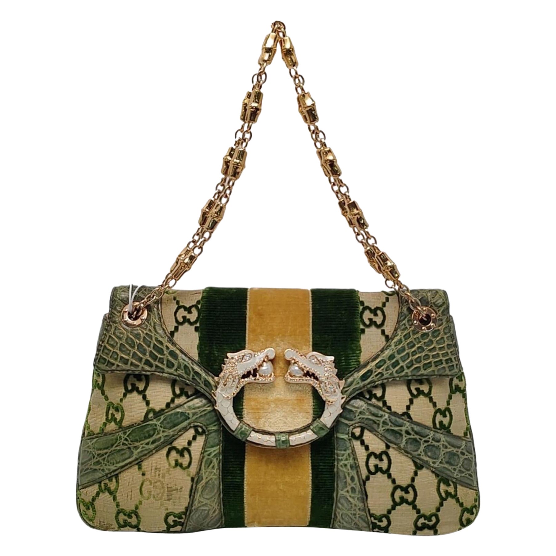 Gucci Jeweled Dragon Bag Green Crocodile and GG Velvet Bamboo Chain Strap