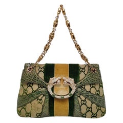 Gucci Jeweled Dragon Bag Green Crocodile and GG Velvet Bamboo Chain Strap Gucci Jeweled Dragon Bag Green Crocodile and GG Velvet Bamboo Chain Strap