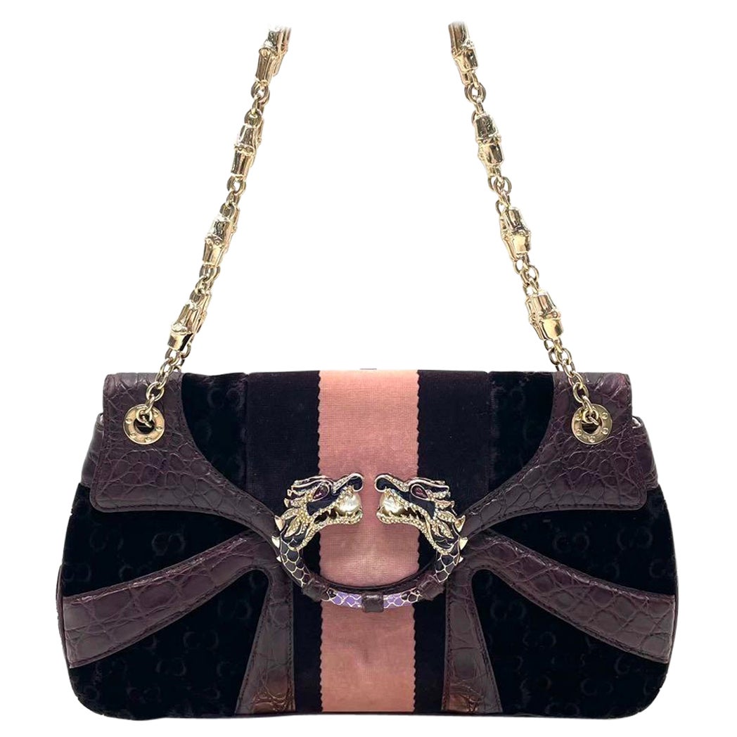 Gucci Jeweled Dragon Bag Purple Crocodile and GG Velvet Bamboo Chain Strap