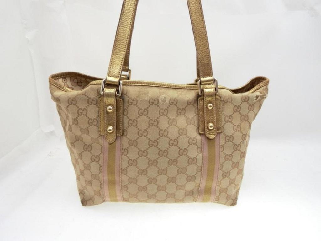 Gucci Jolicoeur Monogram Signtuare Web Sherry 231965 Beige Canvas Tote In Good Condition In Dix hills, NY