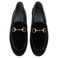 GUCCI Jordaan black velvet gold horsebit buckles leather trim loafer EU37.5