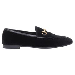 GUCCI Jordaan black velvet gold horsebit buckles leather trim loafer EU37.5
