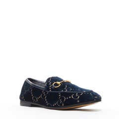 GUCCI Jordaan navy blue GG mongram jacquard gold horsebit flats loafer EU36.5
