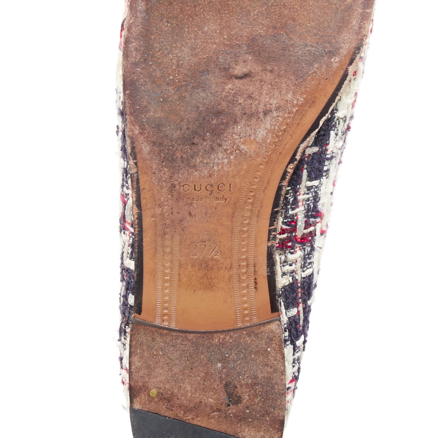 Gucci Jordaan rouge bleu crème tweed or horsebit checked flat loafers EU37.5 en vente 5