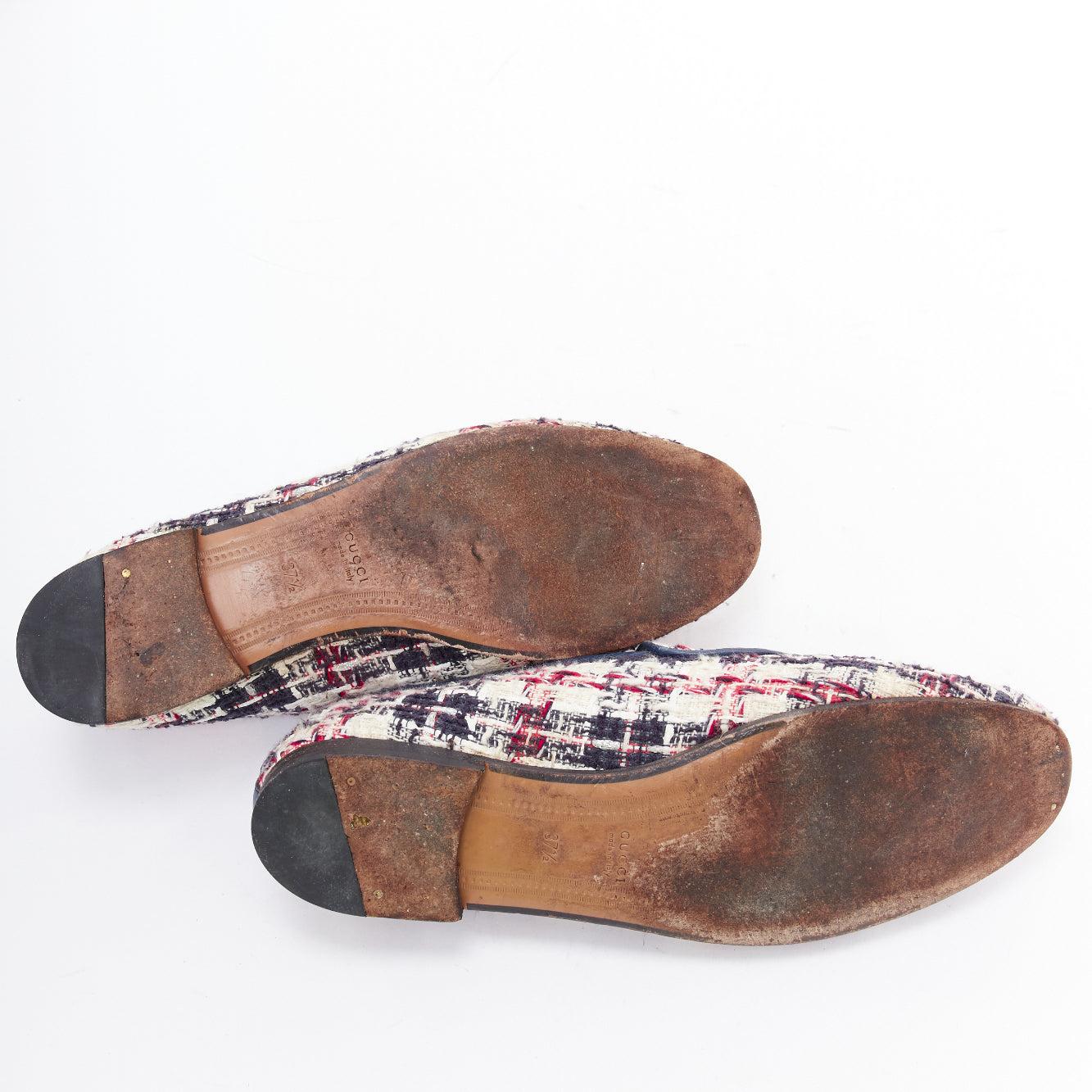 Gucci Jordaan rouge bleu crème tweed or horsebit checked flat loafers EU37.5 en vente 6
