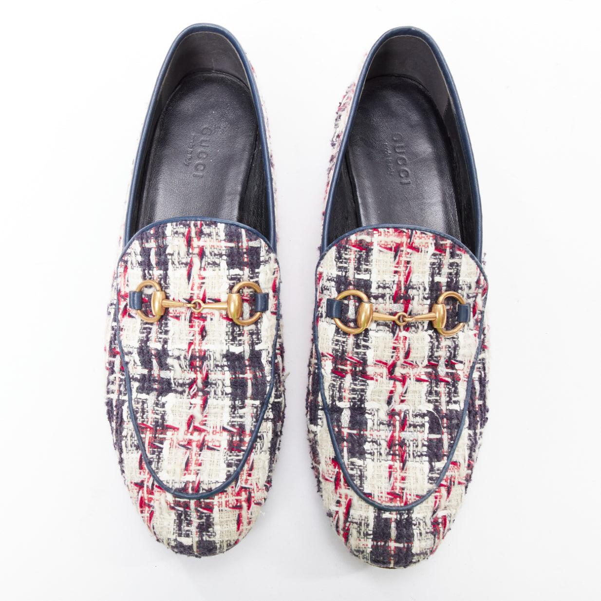 Gris Gucci Jordaan rouge bleu crème tweed or horsebit checked flat loafers EU37.5 en vente