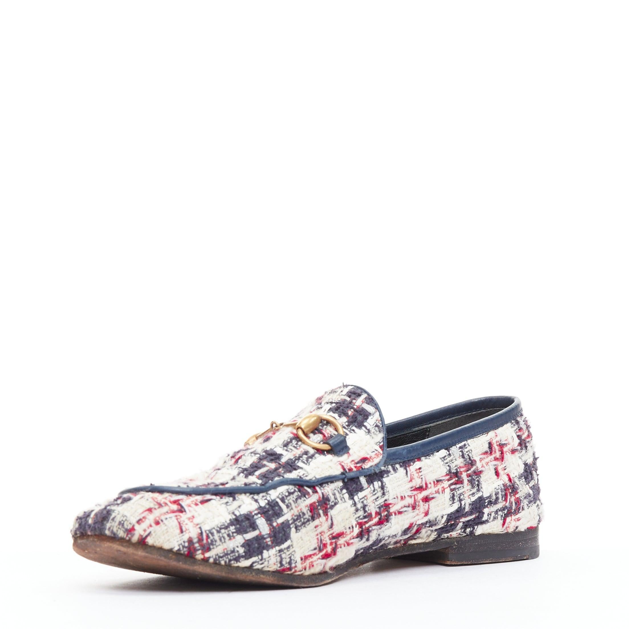 Gucci Jordaan rouge bleu crème tweed or horsebit checked flat loafers EU37.5 Bon état - En vente à Hong Kong, NT