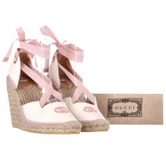 Gucci Judit 'GG' Espadrille Wedge Sandals With Grosgrain Ribbon Ankle Ties