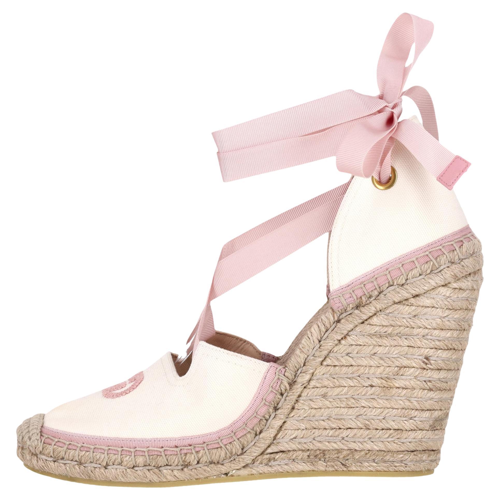Gucci Judit 'GG' Espadrille Wedge Sandals With Grosgrain Ribbon Ankle Ties
