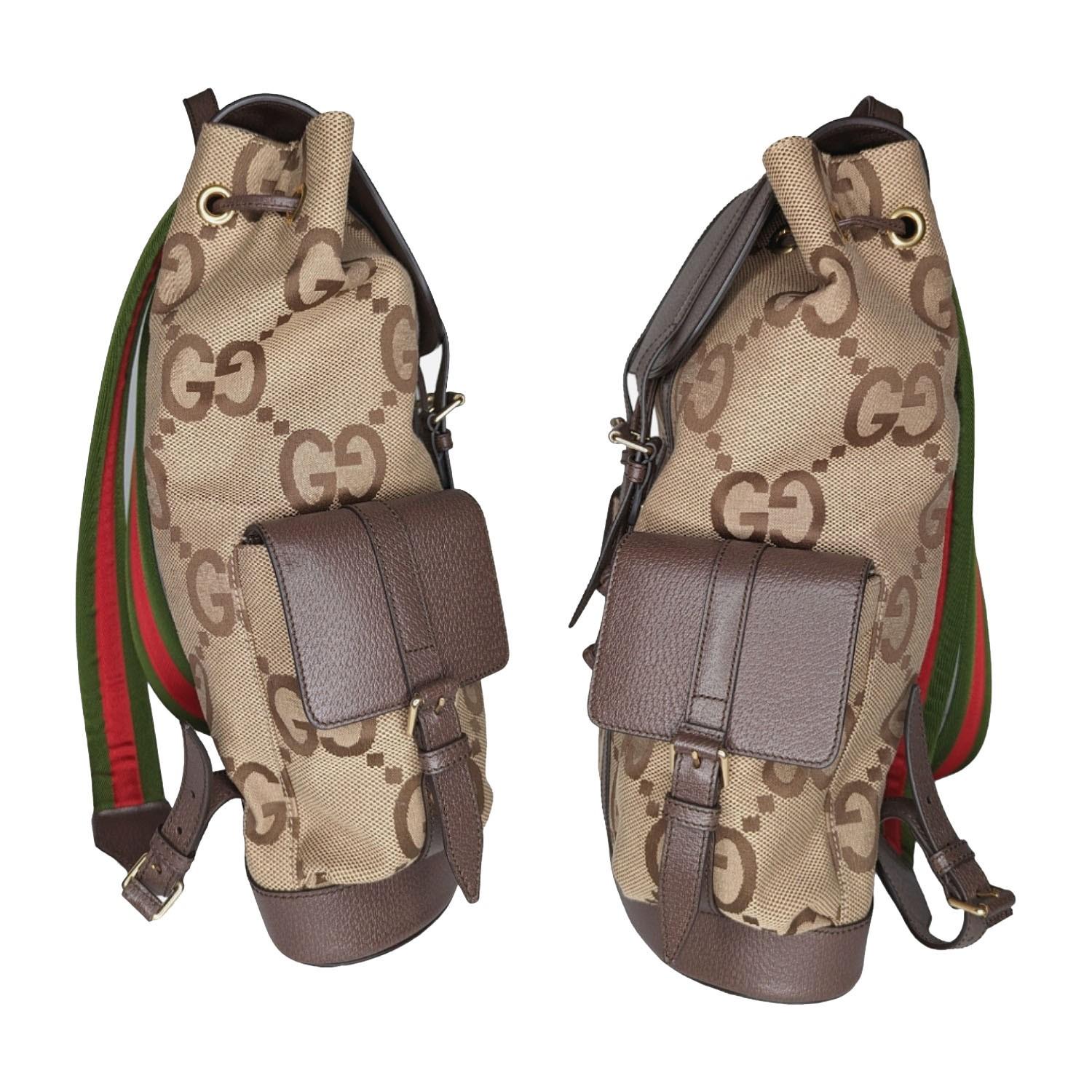 Gucci Jumbo GG Backpack Web Accent Brown Leather Trim In New Condition In Scottsdale, AZ
