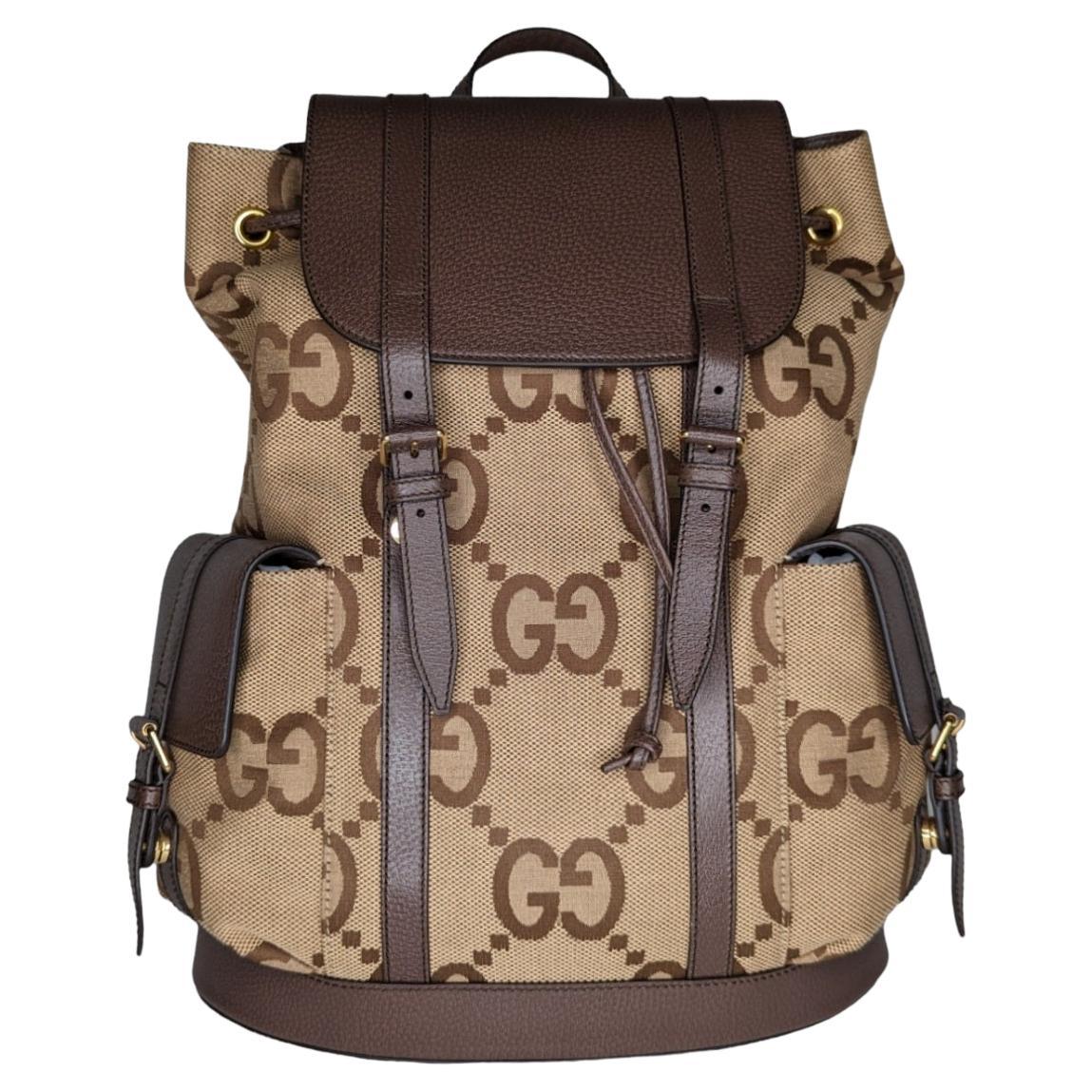 Gucci Jumbo GG Backpack Web Accent Brown Leather Trim