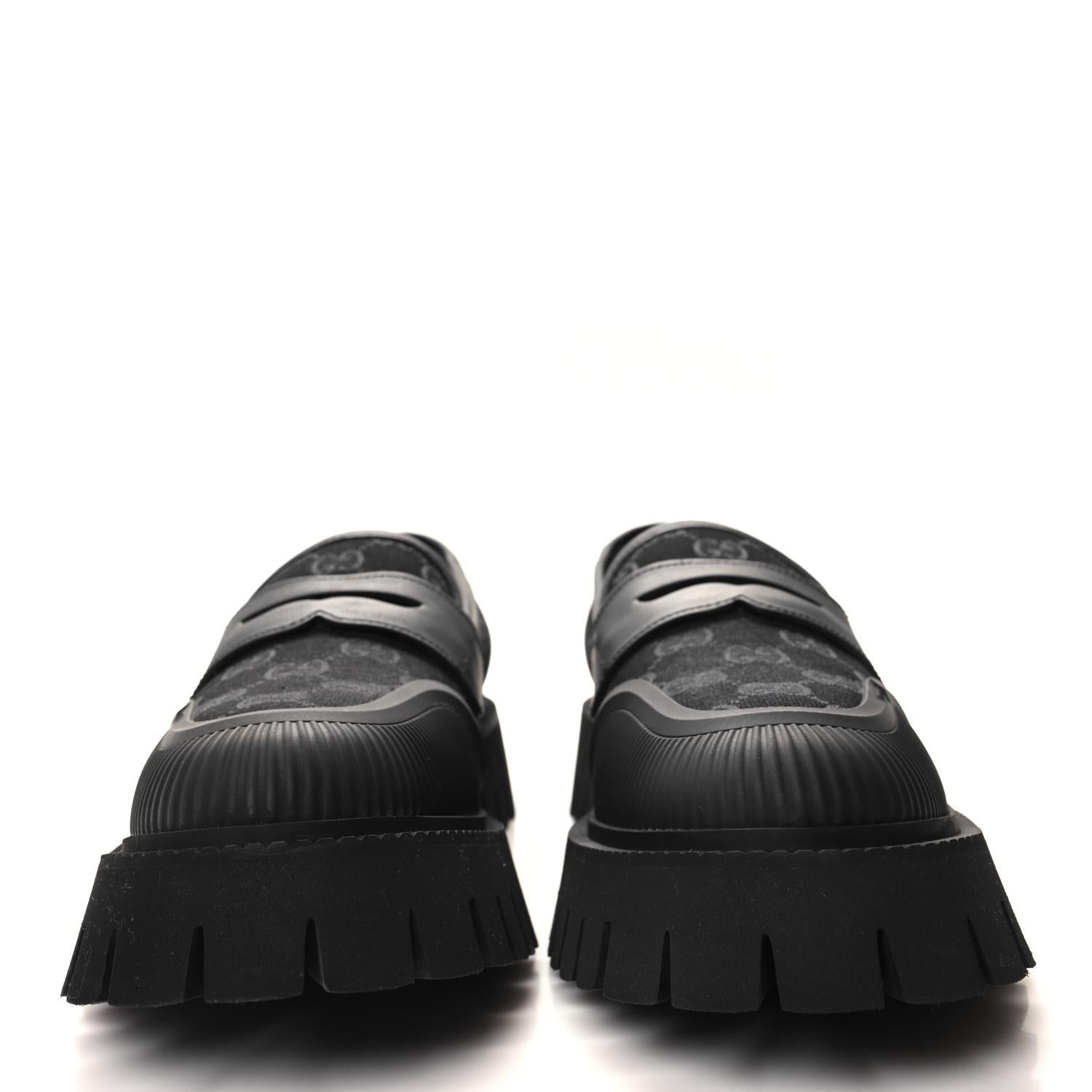Gucci Jumbo GG Jacquard Black Canvas Chunky Loafers US 9.5 For Sale 1