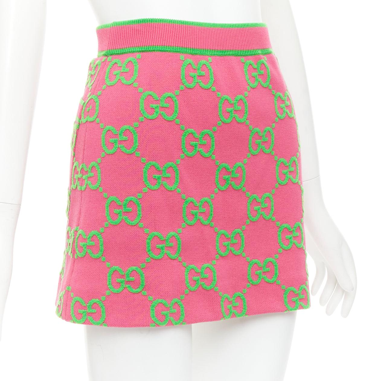 Pink GUCCI Jumbo GG pink green monogram cotton wool silk jacquard knit skirt XS