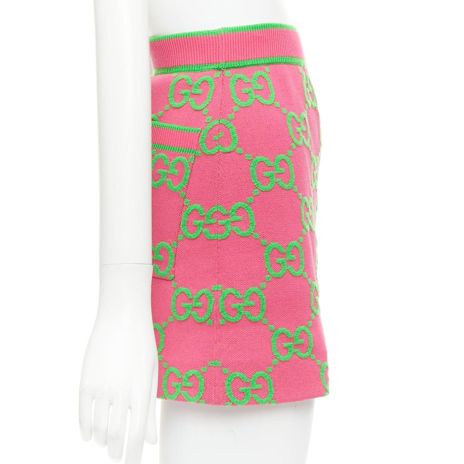GUCCI Jumbo GG pink green monogram cotton wool silk jacquard knit skirt XS In Excellent Condition In Hong Kong, NT