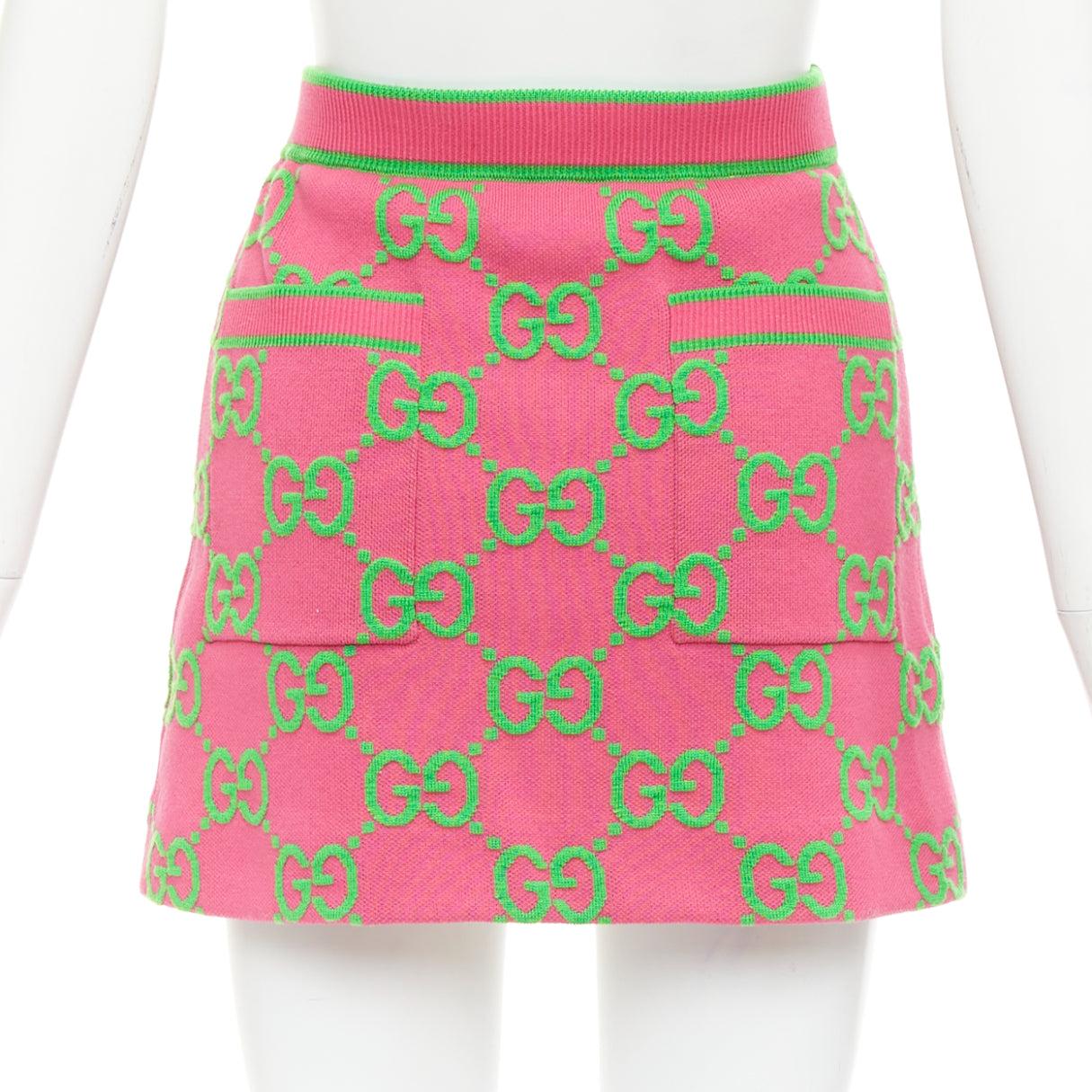 Women's GUCCI Jumbo GG pink green monogram cotton wool silk jacquard knit skirt XS