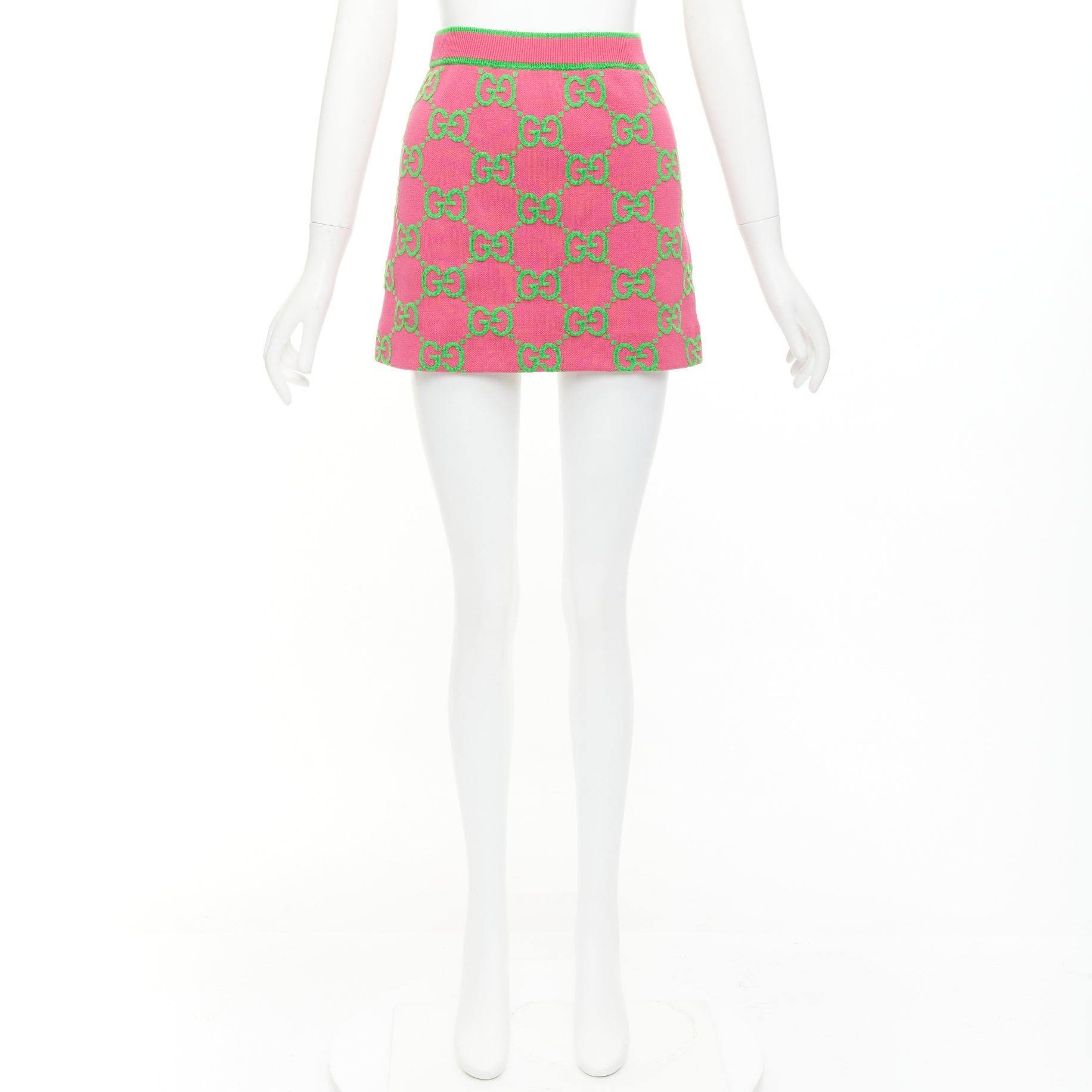 GUCCI Jumbo GG pink green monogram cotton wool silk jacquard knit skirt XS 4