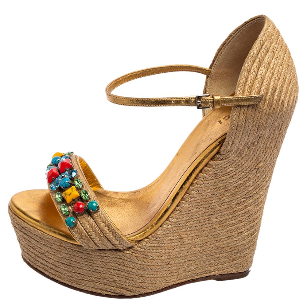Women's Gucci Jute And Leather Carolina Crystal Espadrille Wedge Sandals Size 36.5