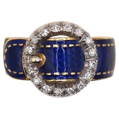 Gucci K18 Gold Diamond Blue Enamel Buckle Fashion Ring