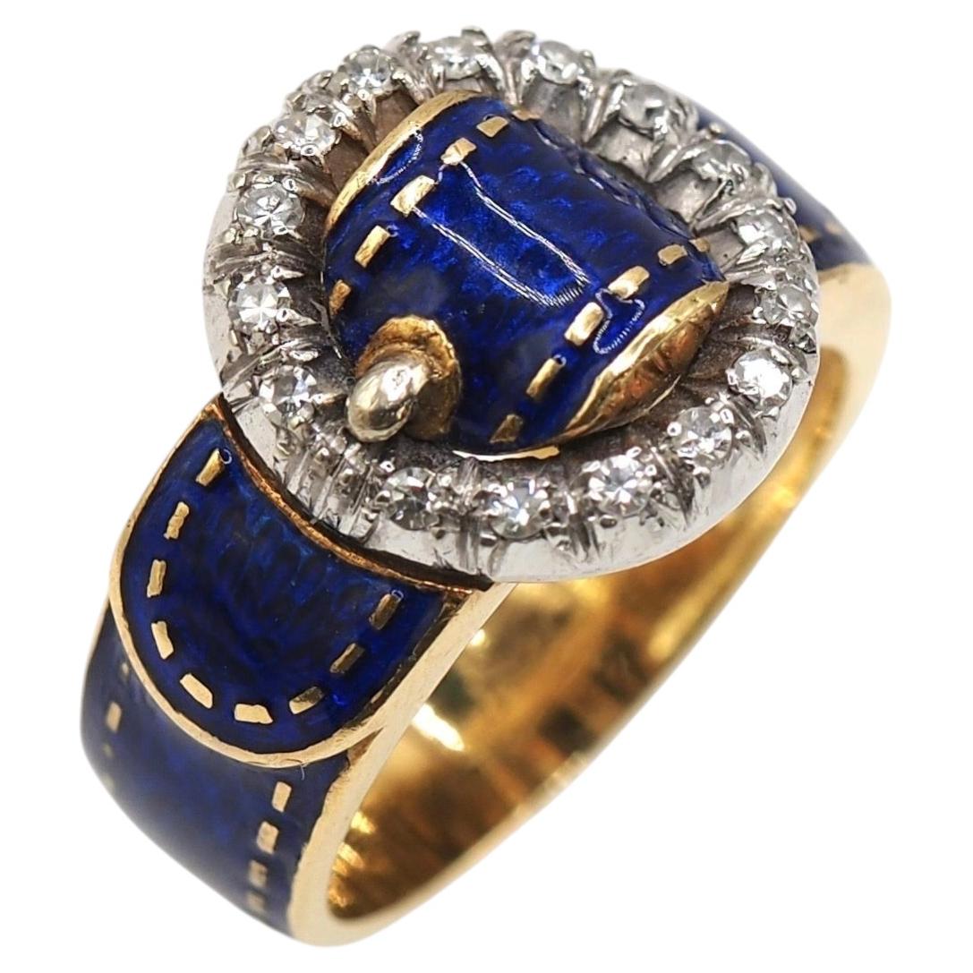 Pre-owned Gucci K18 Gold Diamond Blue Enamel Buckle Fashion Ring