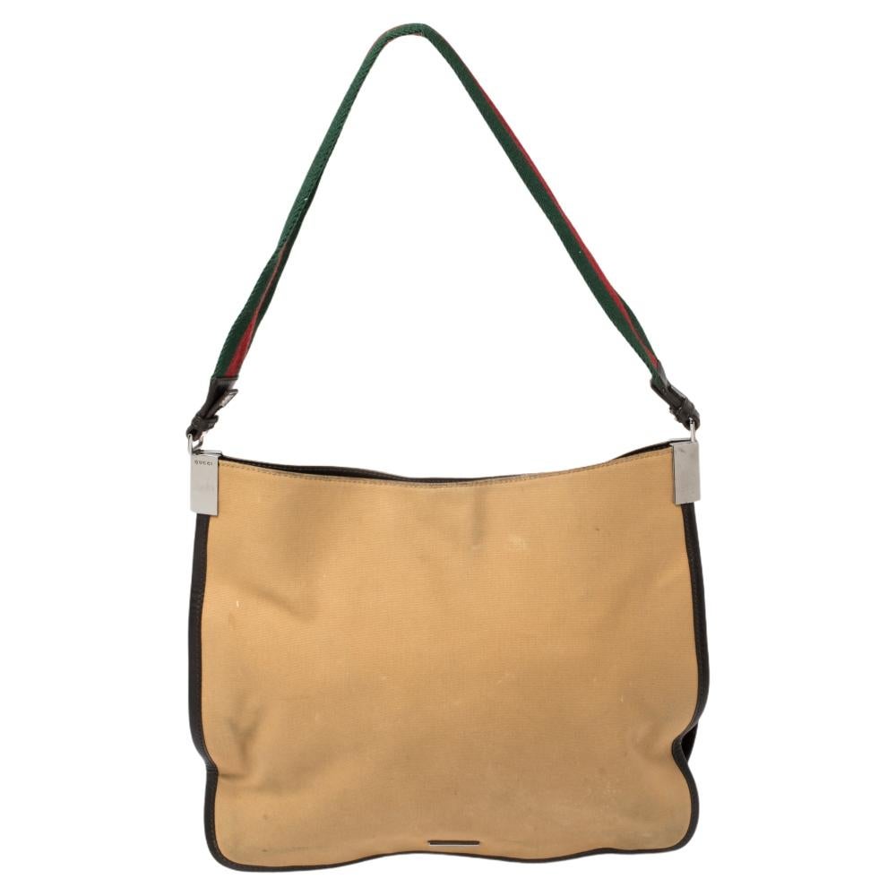 Gucci Khaki Brown Canvas and Leather Trim Web Detail Hobo For Sale
