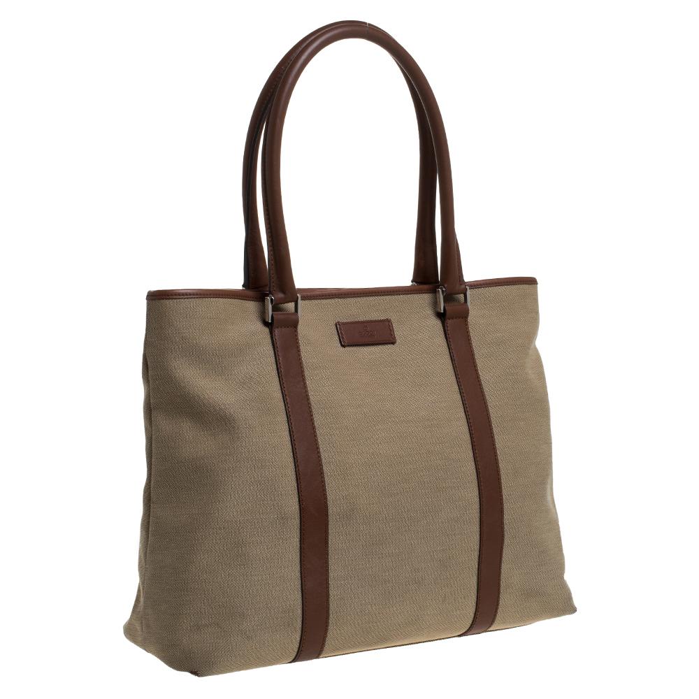 Gray Gucci Khaki Canvas and Leather Shopper Tote