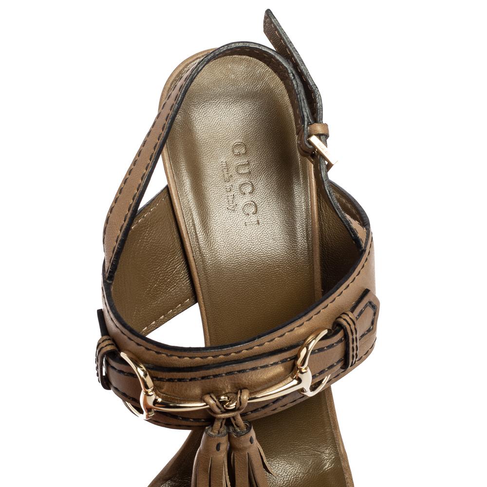Beige Gucci Khaki Green Leather Horsebit Tassel Emily Slingback Sandals Size 38.5