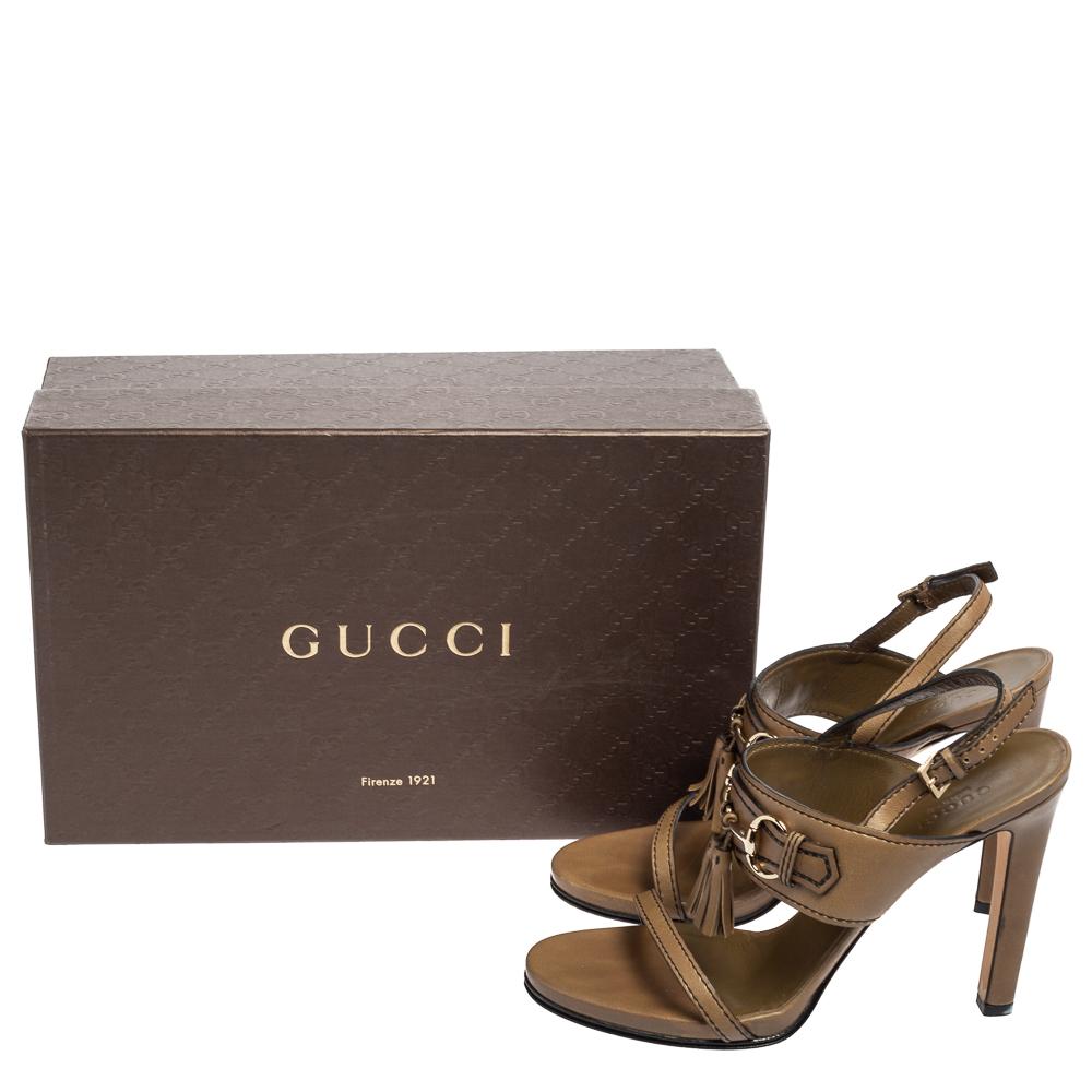 Gucci Khaki Green Leather Horsebit Tassel Emily Slingback Sandals Size 38.5 3