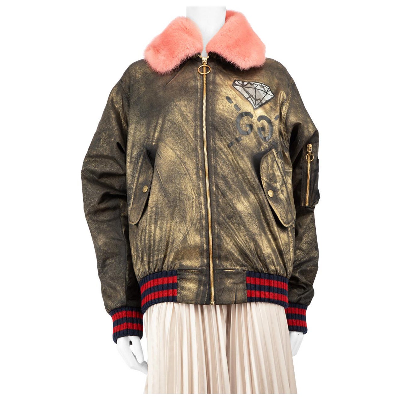 Gucci Khaki Mink Collar Gucci Ghost Bomber Jacket Size M