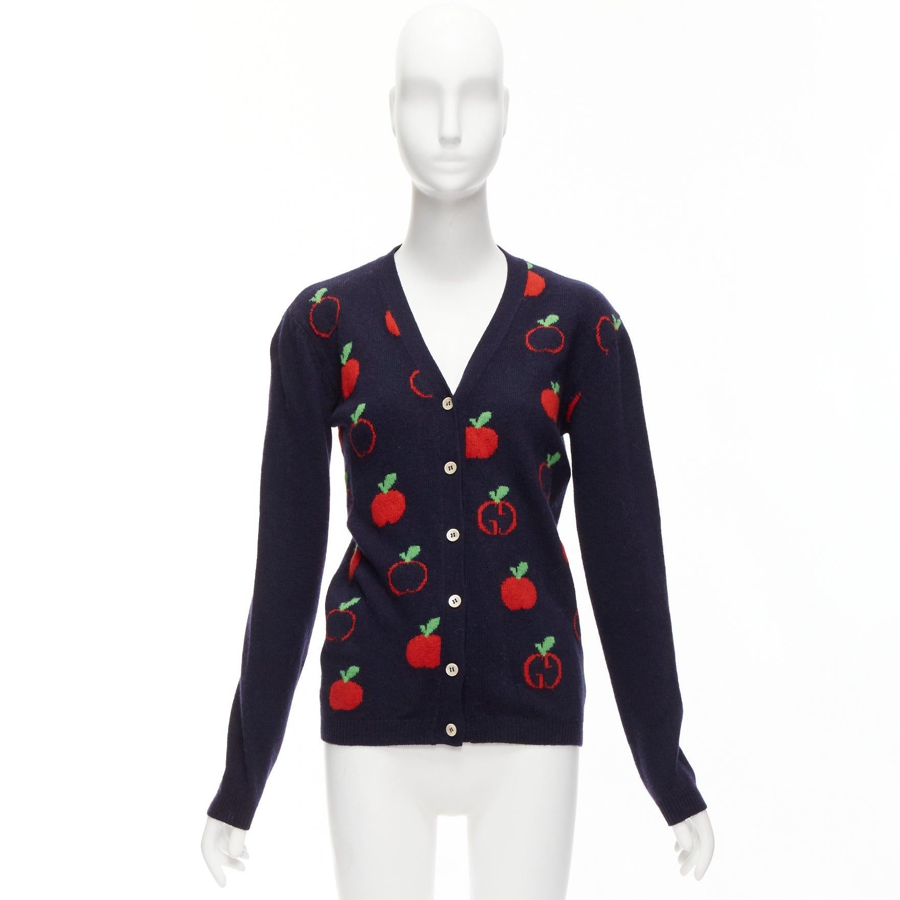 GUCCI Kids 100% wool navy red apple GG logo cardigan sweater 12Y XS 6