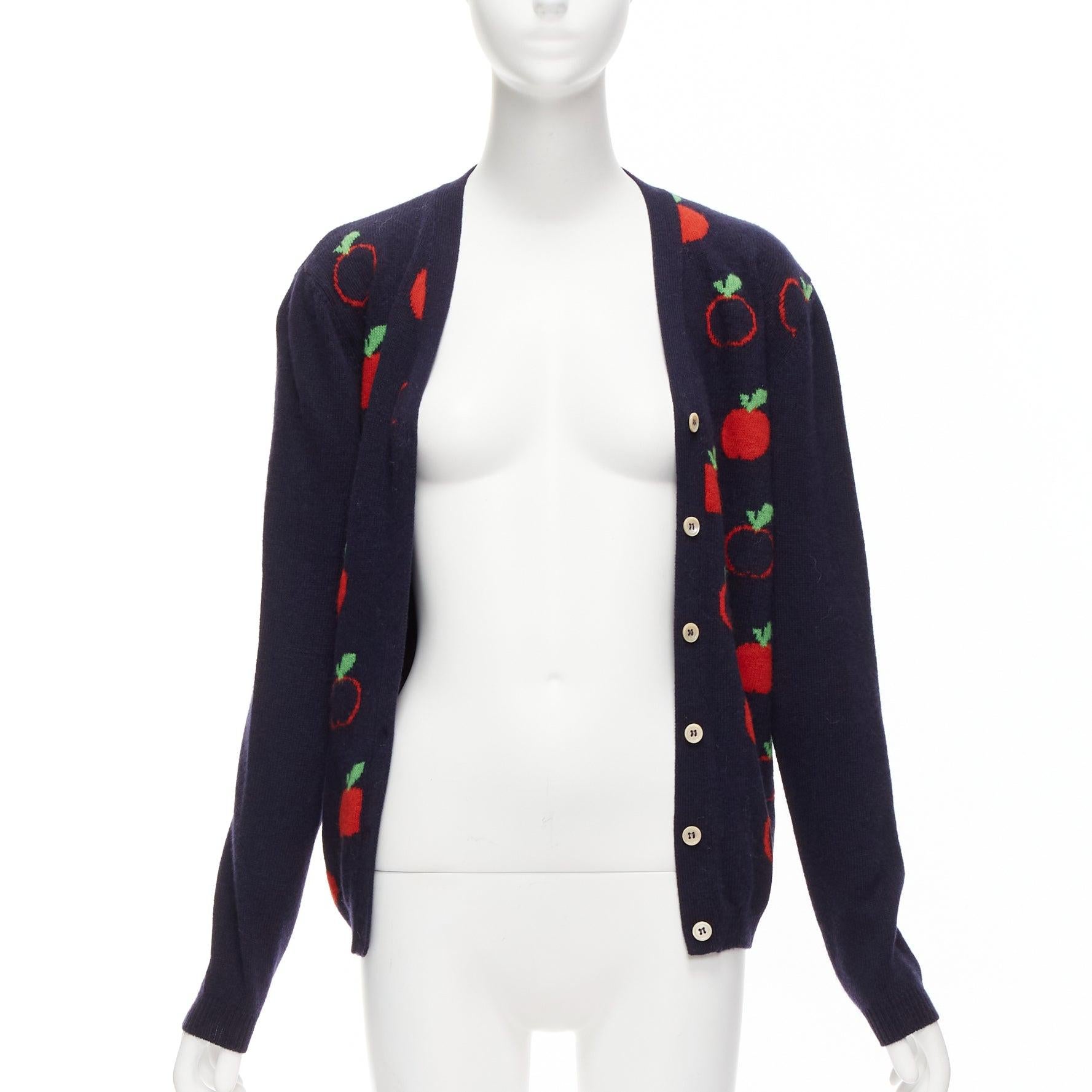 GUCCI Kids 100% wool navy red apple GG logo cardigan sweater 12Y XS In Excellent Condition In Hong Kong, NT