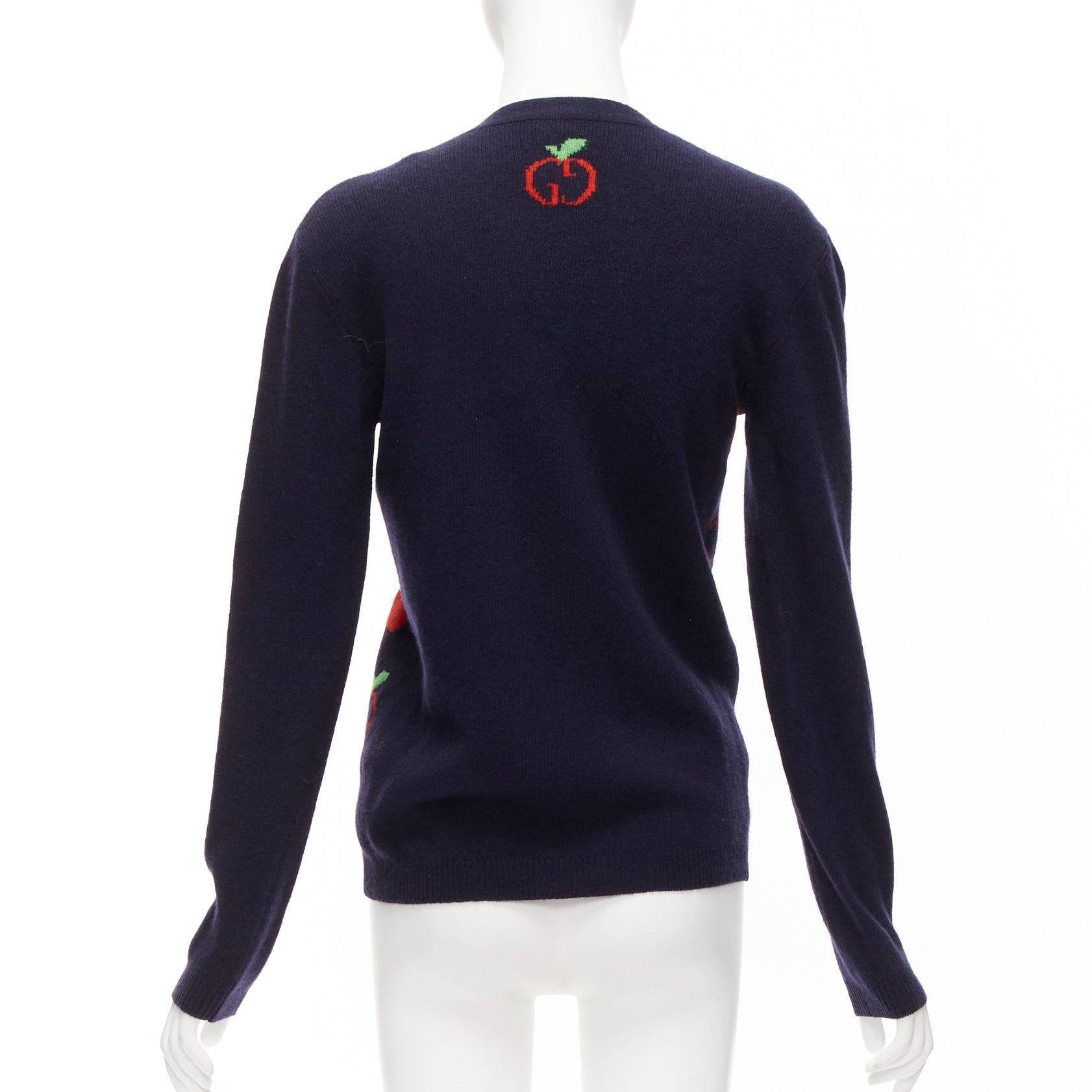 GUCCI Kids 100% wool navy red apple GG logo cardigan sweater 12Y XS 2