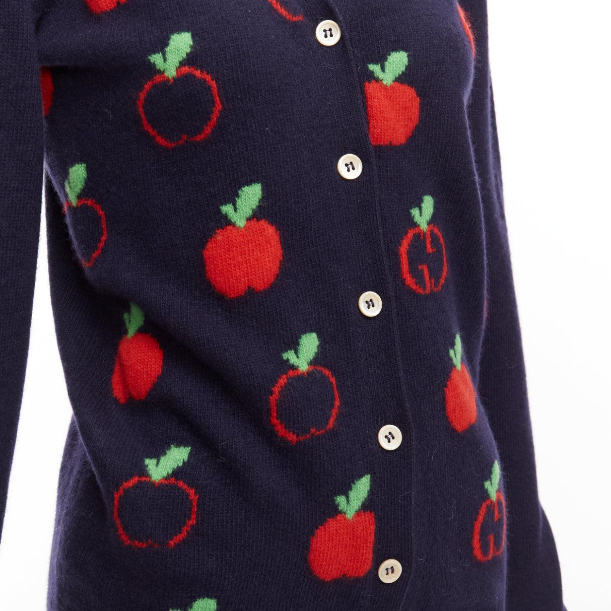 GUCCI Kids 100% wool navy red apple GG logo cardigan sweater 12Y XS 4