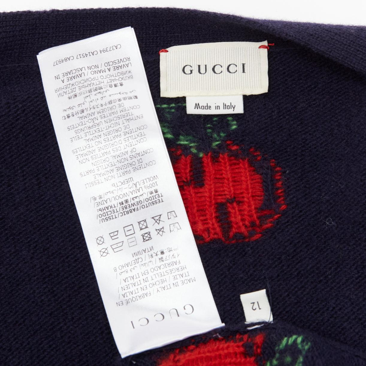 GUCCI Kids 100% wool navy red apple GG logo cardigan sweater 12Y XS 5