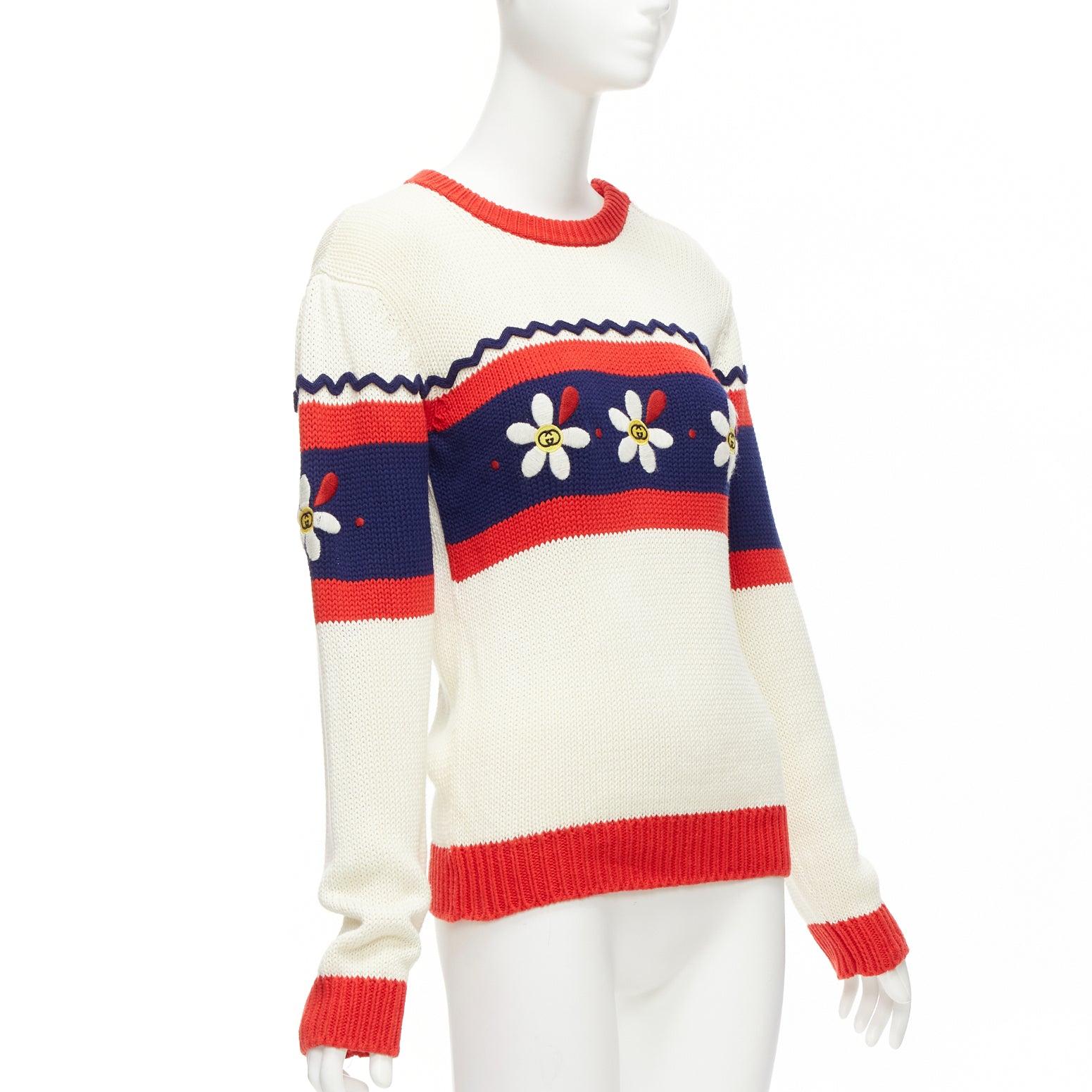 White GUCCI Kids cream blue red cotton GG logo daisy bateau sweater I2Y XS
