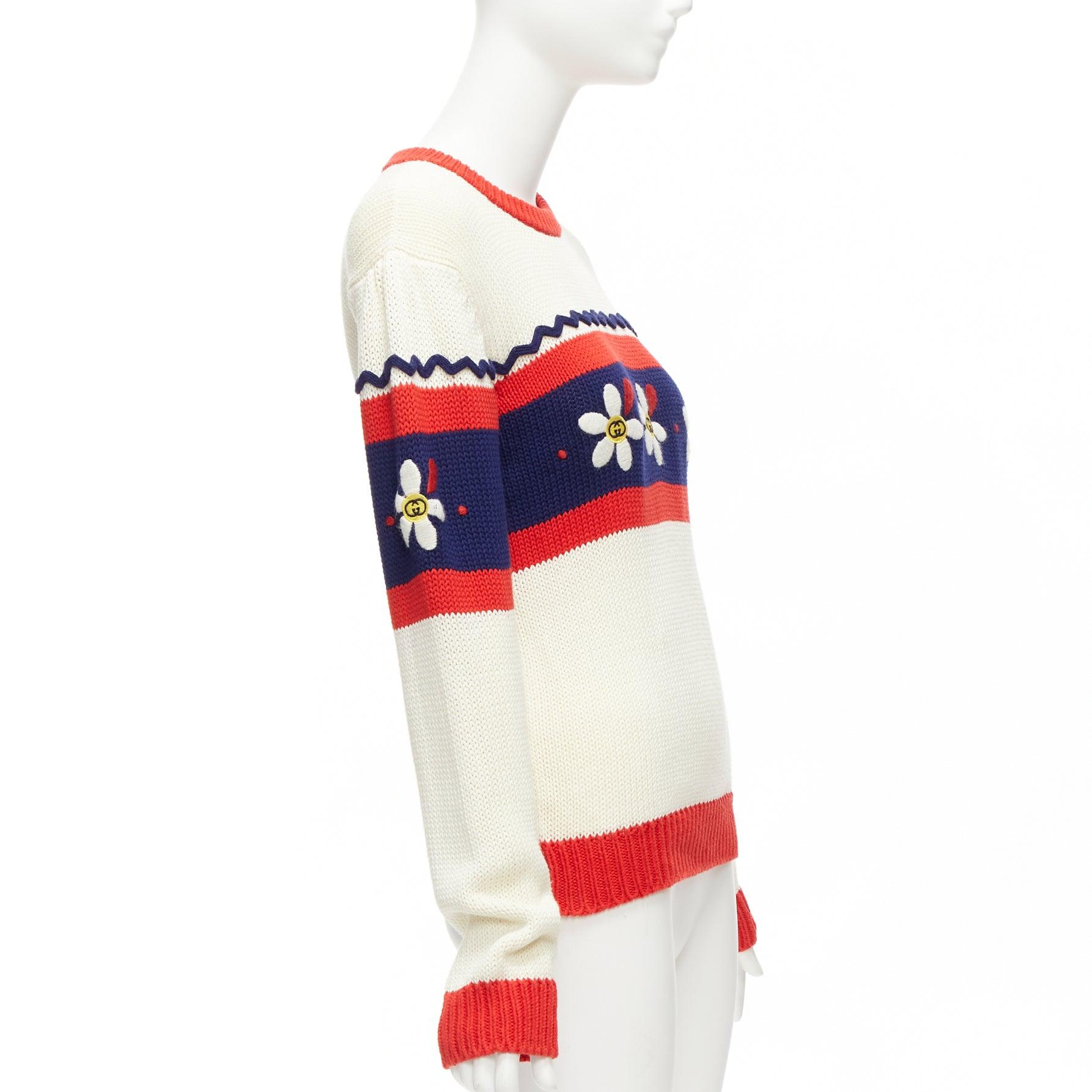 GUCCI Kids cream blue red cotton GG logo daisy bateau sweater I2Y XS In Good Condition In Hong Kong, NT