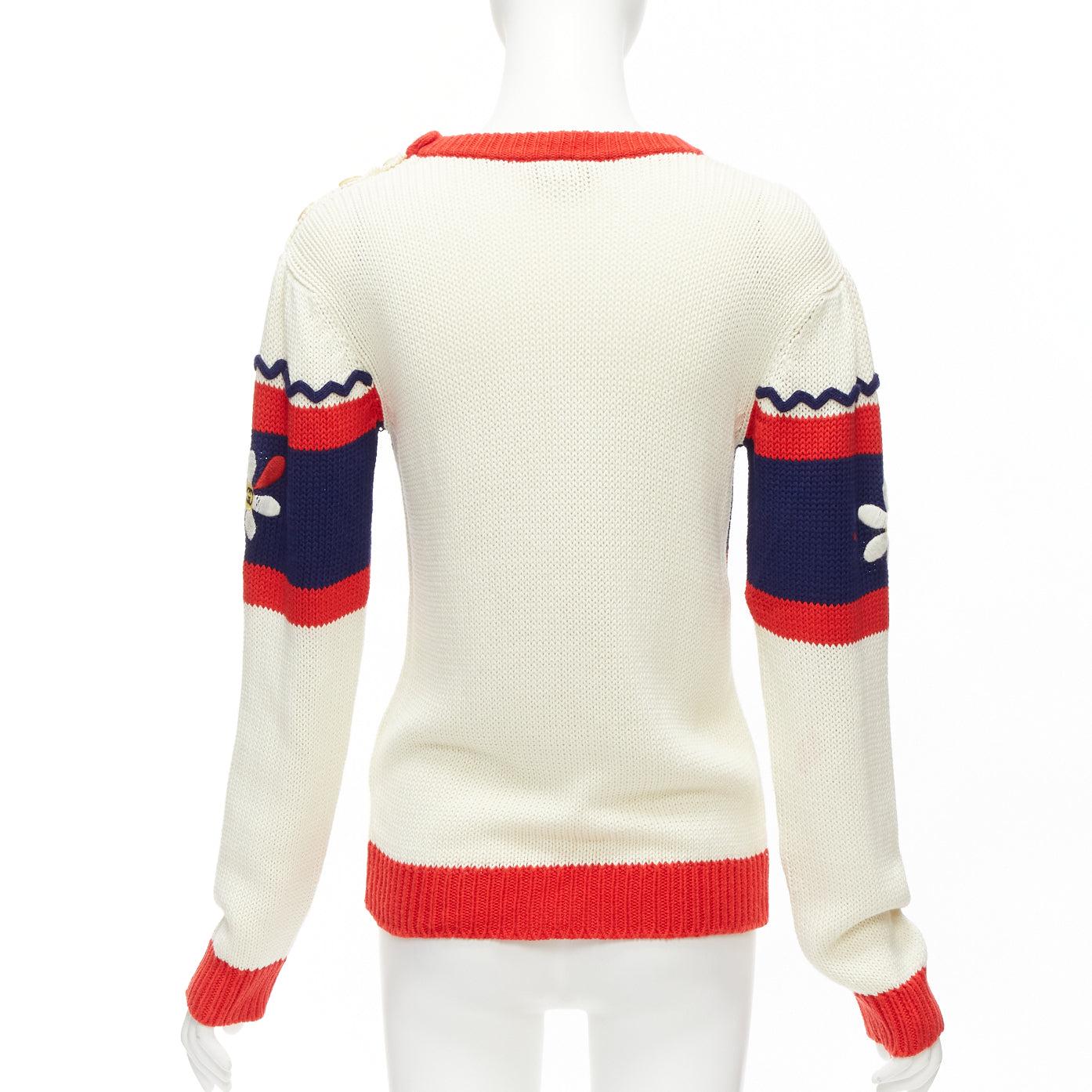 Women's GUCCI Kids cream blue red cotton GG logo daisy bateau sweater I2Y XS