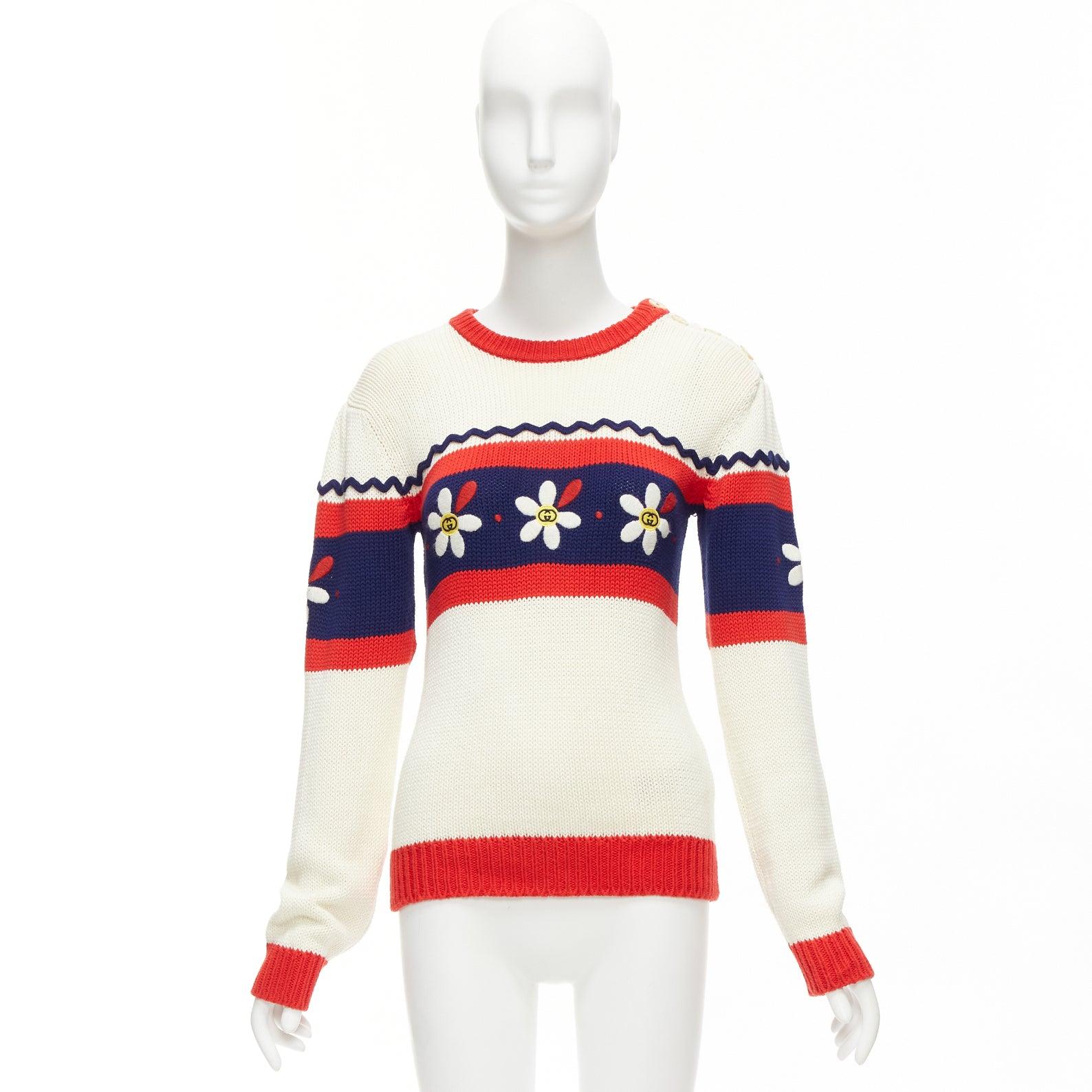 GUCCI Kids Cremeblauer und roter Baumwollpullover mit GG-Logo daisy bateau I2Y XS im Angebot 5