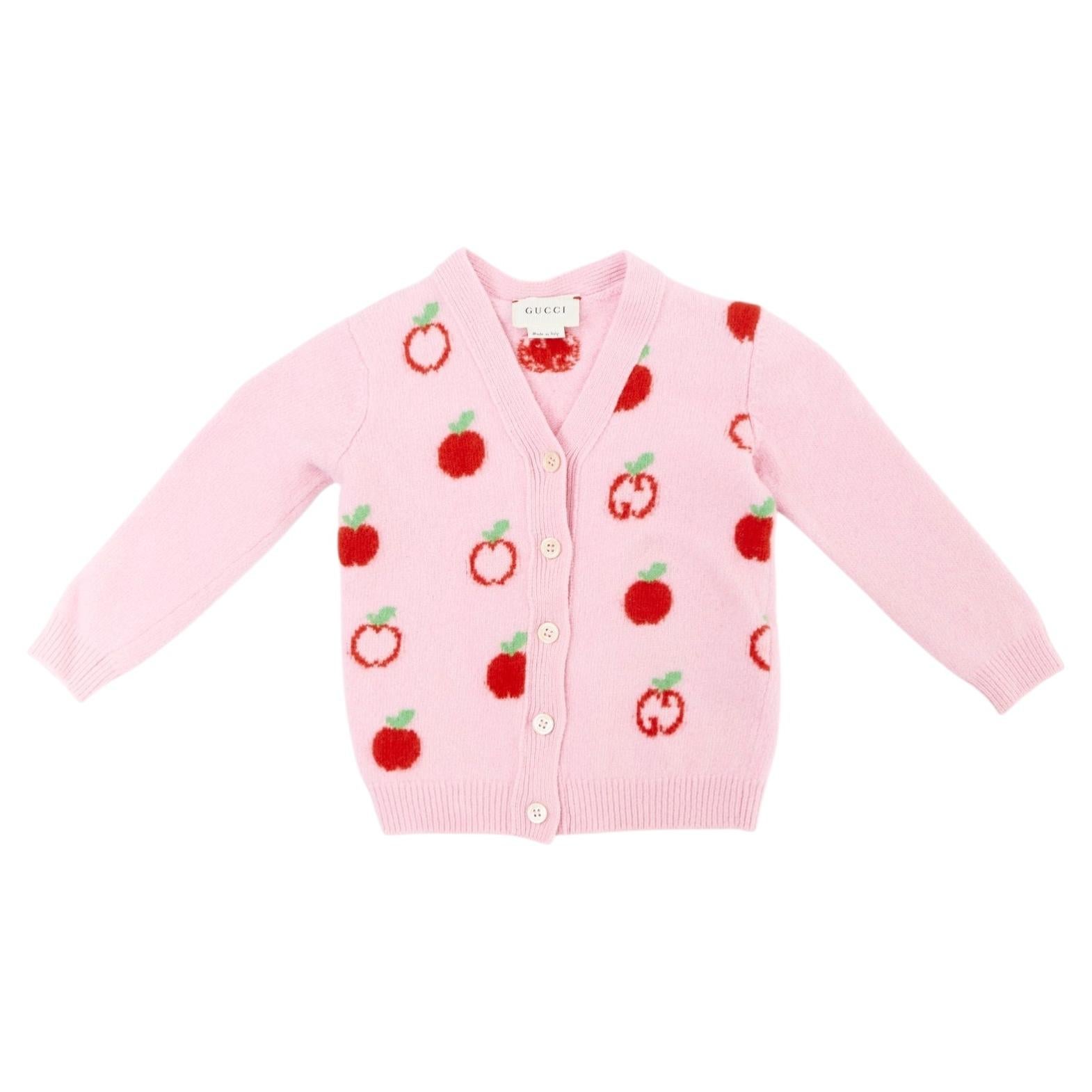 GUCCI KIDS pink red 100% wool apple GG intarsia knit cardigan sweater 18/24M