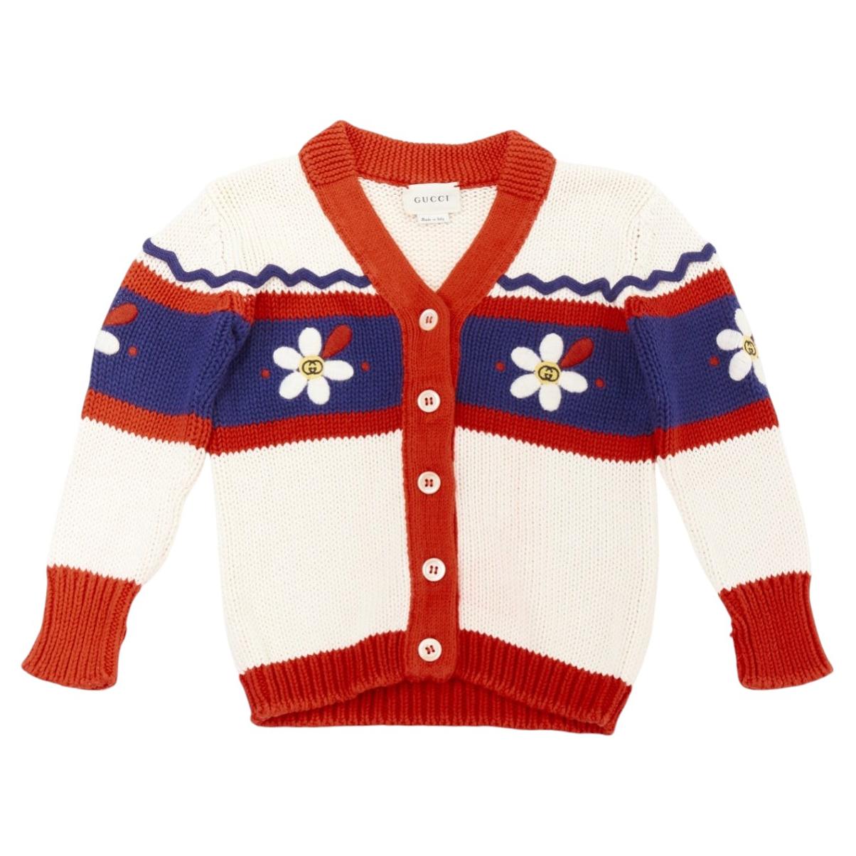 GUCCI KIDS red blue cotton Daisy GG embroidery knit cardigan sweater 12/18M