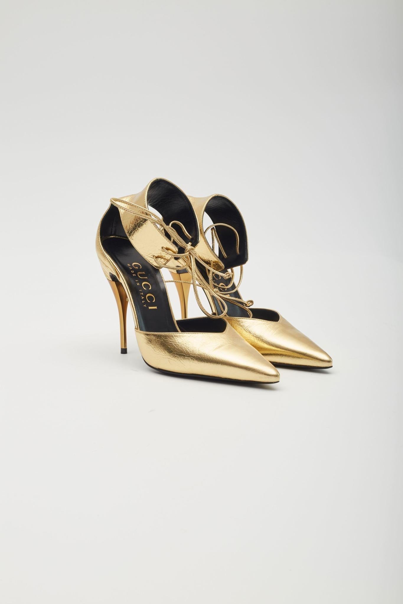 Gucci Kind Gold Metallic Leather Priscilla Heels EU 38.5 For Sale 2