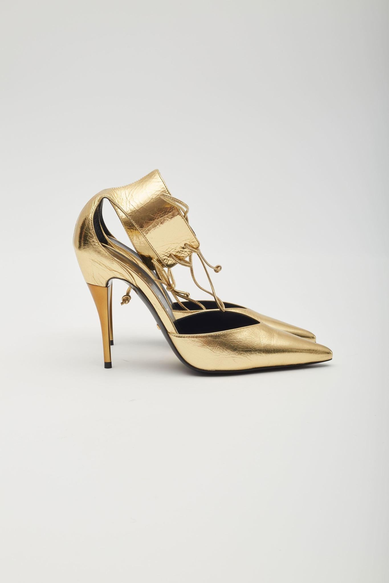 Gucci Kind Gold Metallic Leather Priscilla Heels EU 38.5 For Sale 3