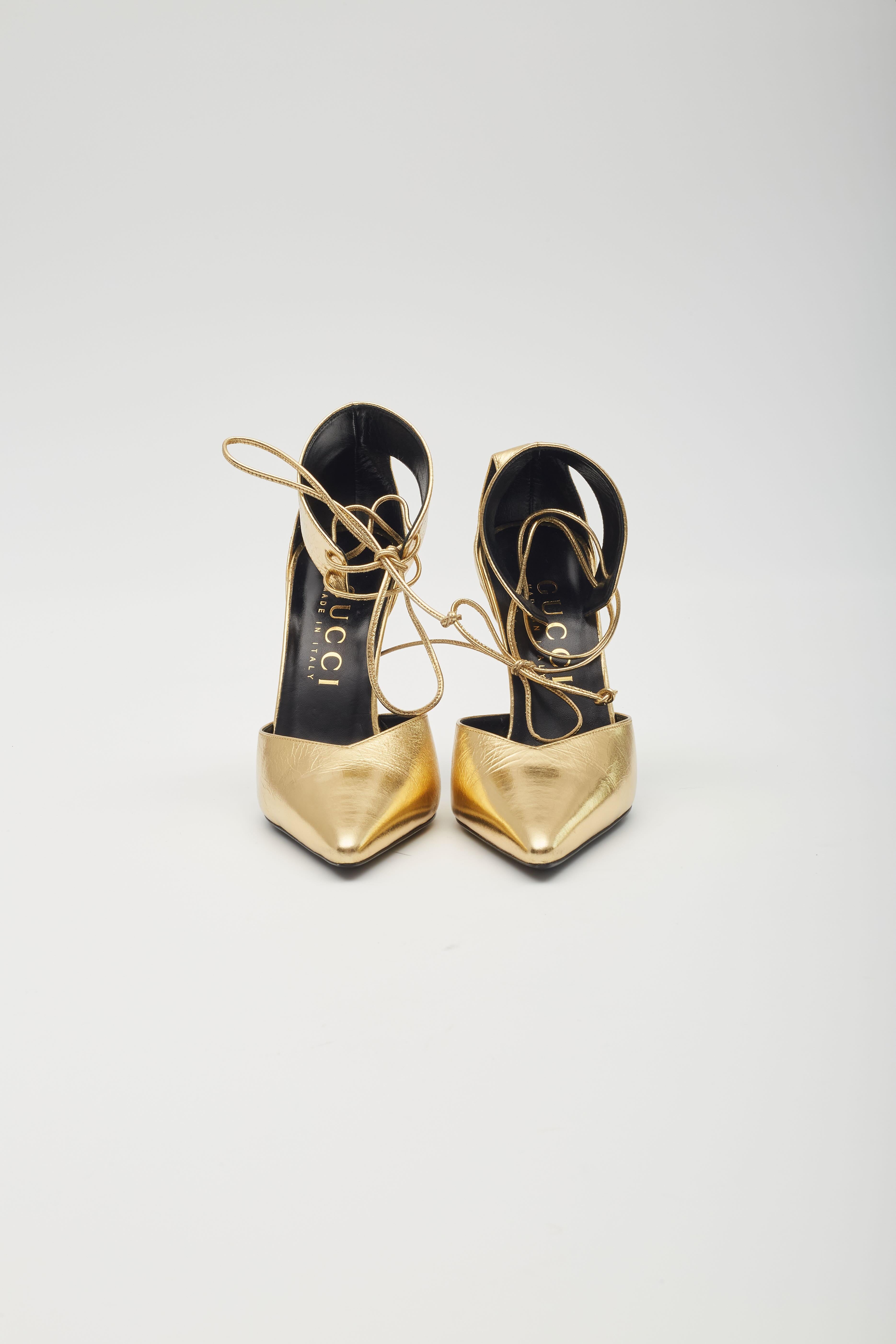 Gucci Kind Gold Metallic Leather Priscilla Heels EU 40.5 For Sale 2