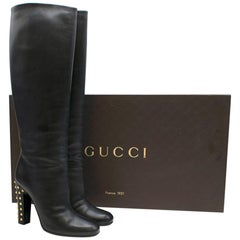 Gucci Knee Length Black Leather Boots With Studded Heel 40 