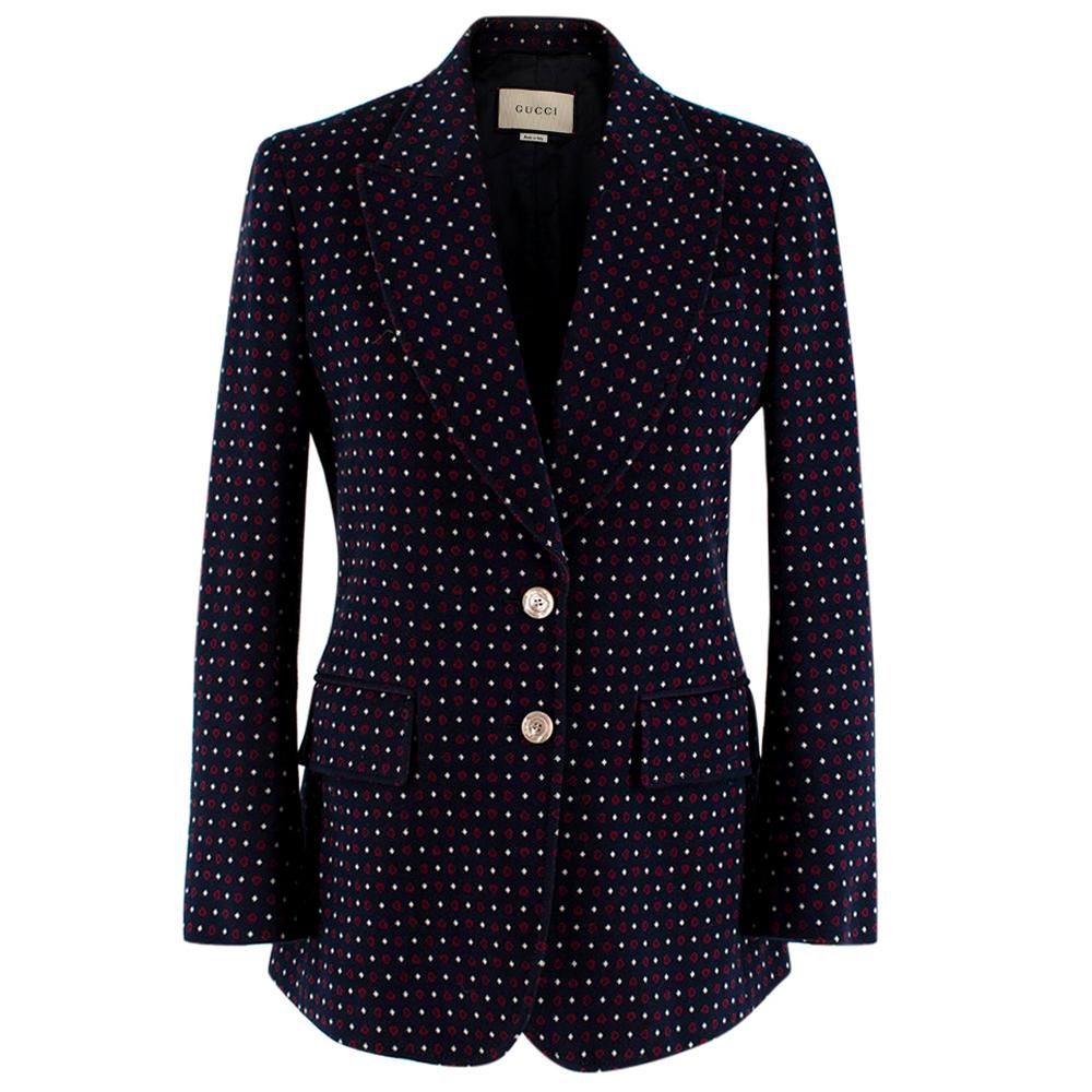 Gucci Navy & Red Cotton Knitted Heart Blazer

- Single breasted blazer with heart shaped knitted cotton and diamond style shapes in red and white
- Revere collar
- Semi-padded relaxed shoulders 
- Shiny pearl effect buttons 
- Patch pockets with