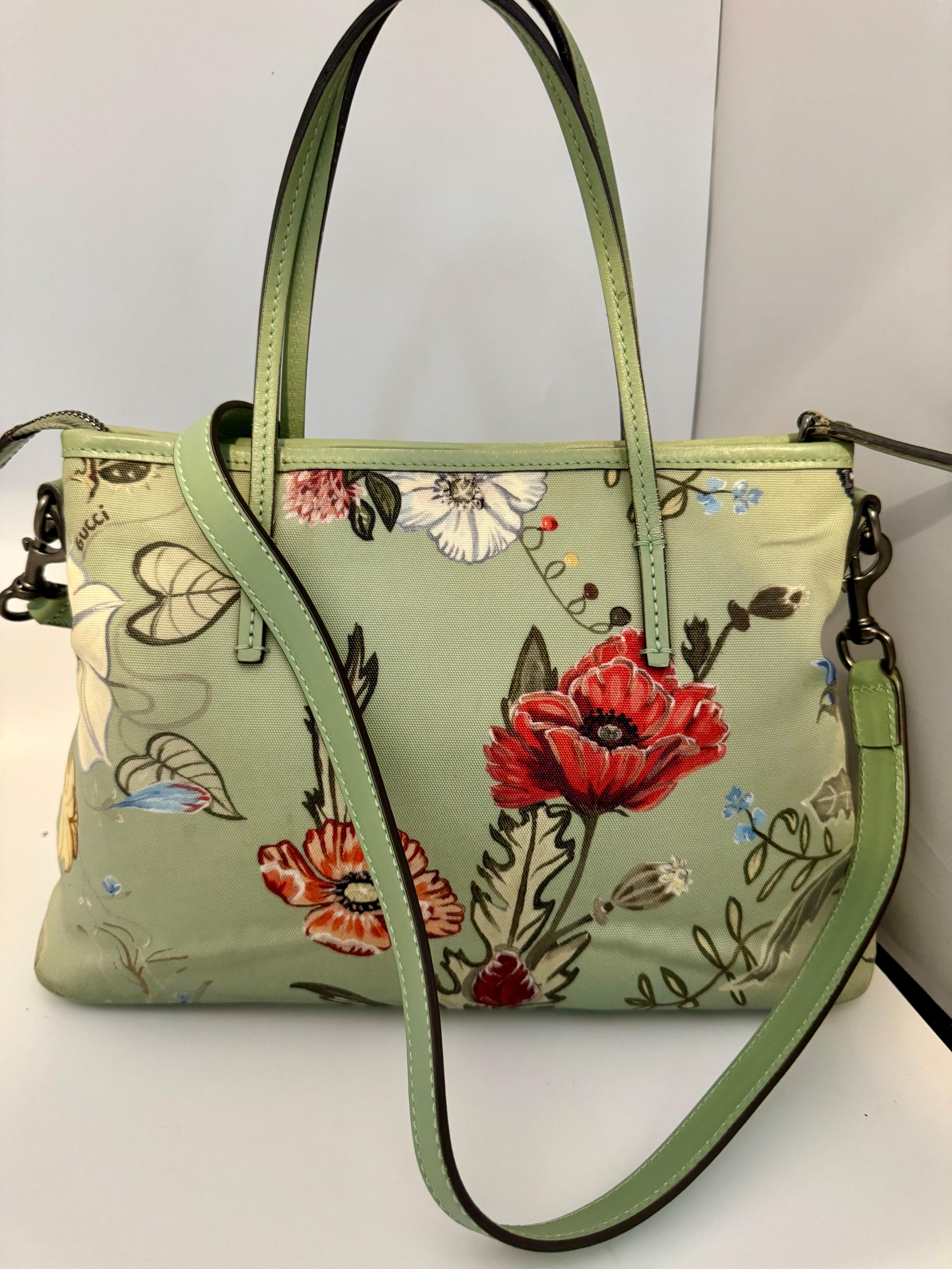 Gucci Kris Knight Flora Nylon Mint Green Orange Flower handbag + Shoulder Strap 7