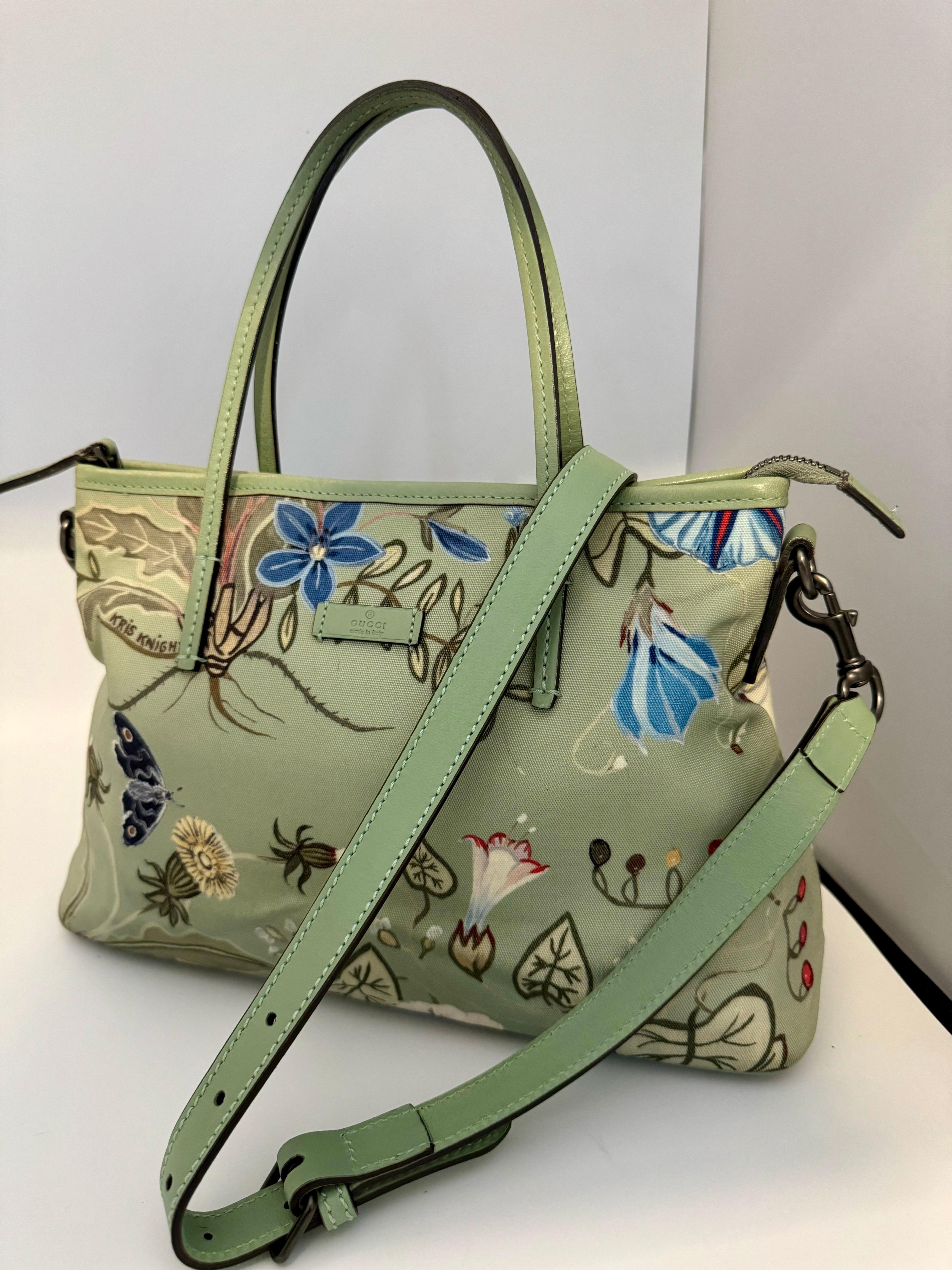 Brown Gucci Kris Knight Flora Nylon Mint Green Orange Flower handbag + Shoulder Strap